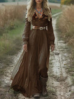 Women's Brown Flower Print Pocket Cotton Dress