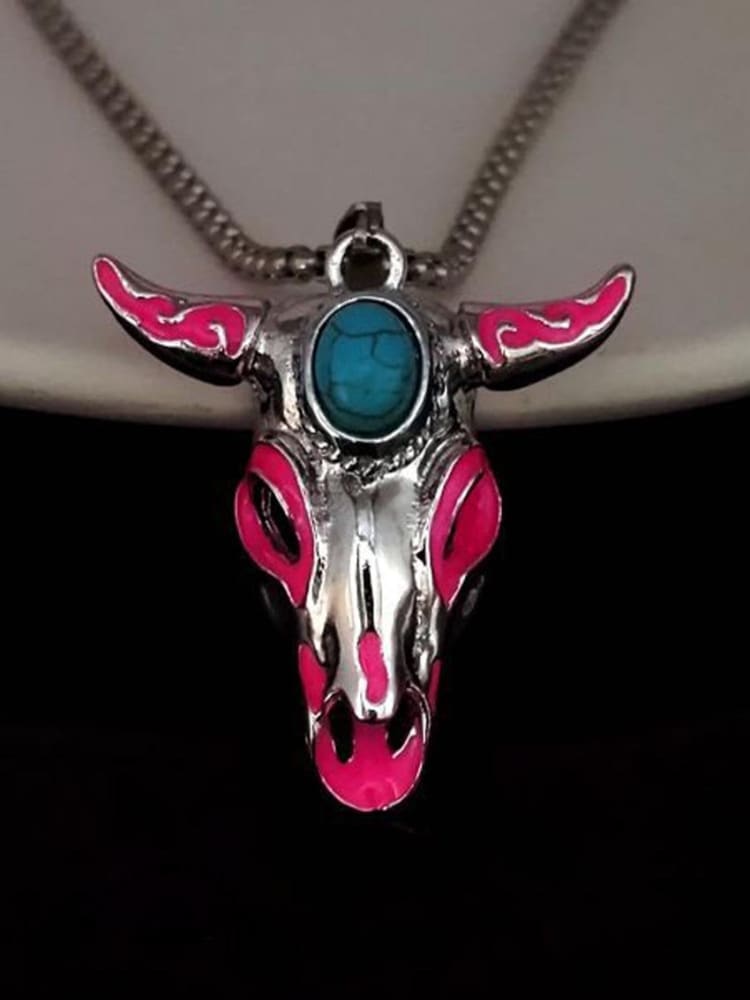 Turquoise Skull Bull Head Stainless Steel Glow Necklace
