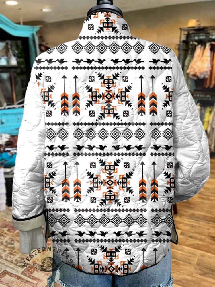Women's Vintage White Arrows Aztec Art Print Casual Quilted Cardigan