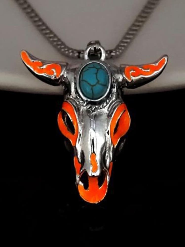 Turquoise Skull Bull Head Stainless Steel Glow Necklace