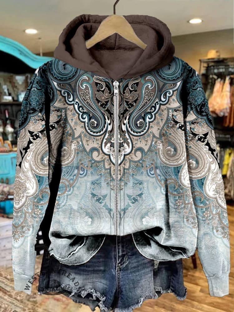 Paisley Print Casual Zip Hoodie Sweatshirt