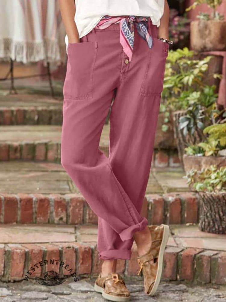 Solid Color Breasted Cotton Hemp Loose Casual Pants