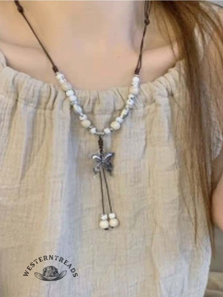 Colorful Beaded Butterfly Braided Rope Ethnic Necklace
