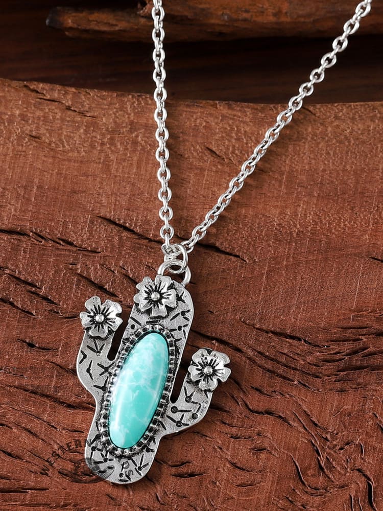 Vintage Inlaid Turquoise Cactus Pendant Necklace