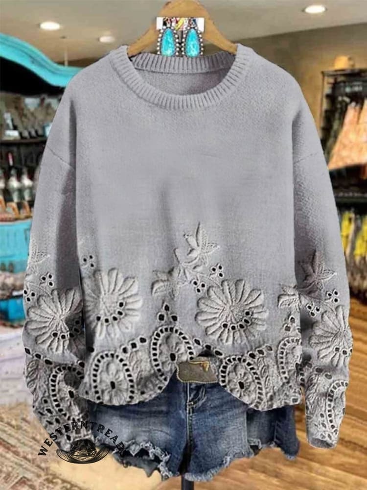 ?Limited Time Discount?Vintage Lace Floral Print Casual Sweatshirt