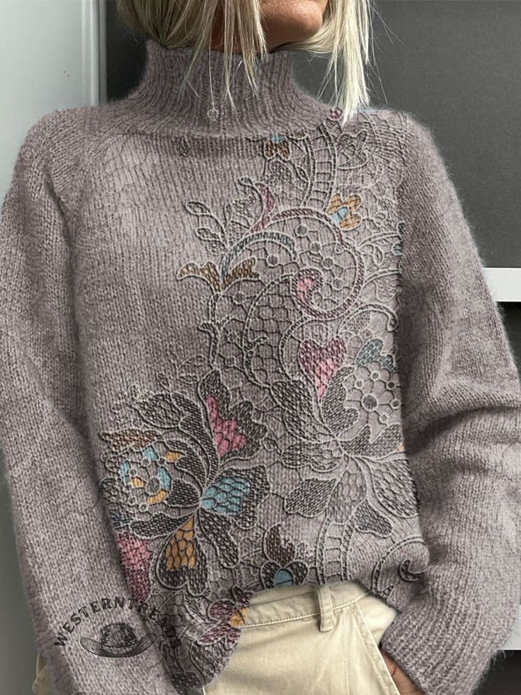 Vintage Floral Art Print Knit Turtleneck Pullover Sweater