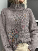 Vintage Floral Art Print Knit Turtleneck Pullover Sweater