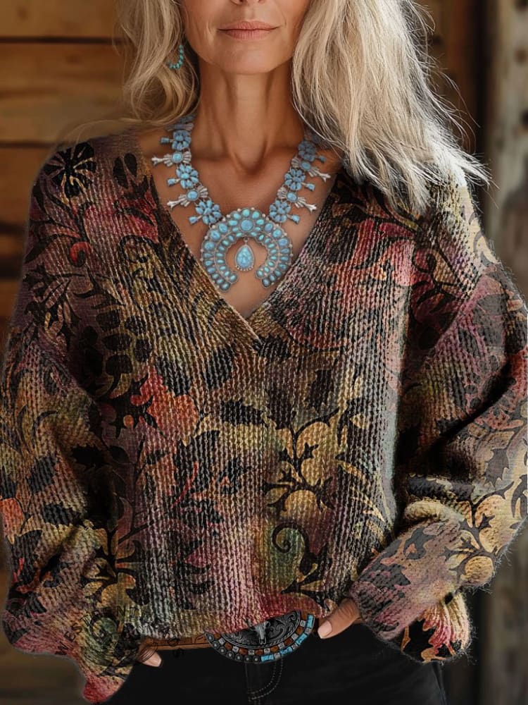 Women's Floral Art Print Casual V-neck Pullover Knit