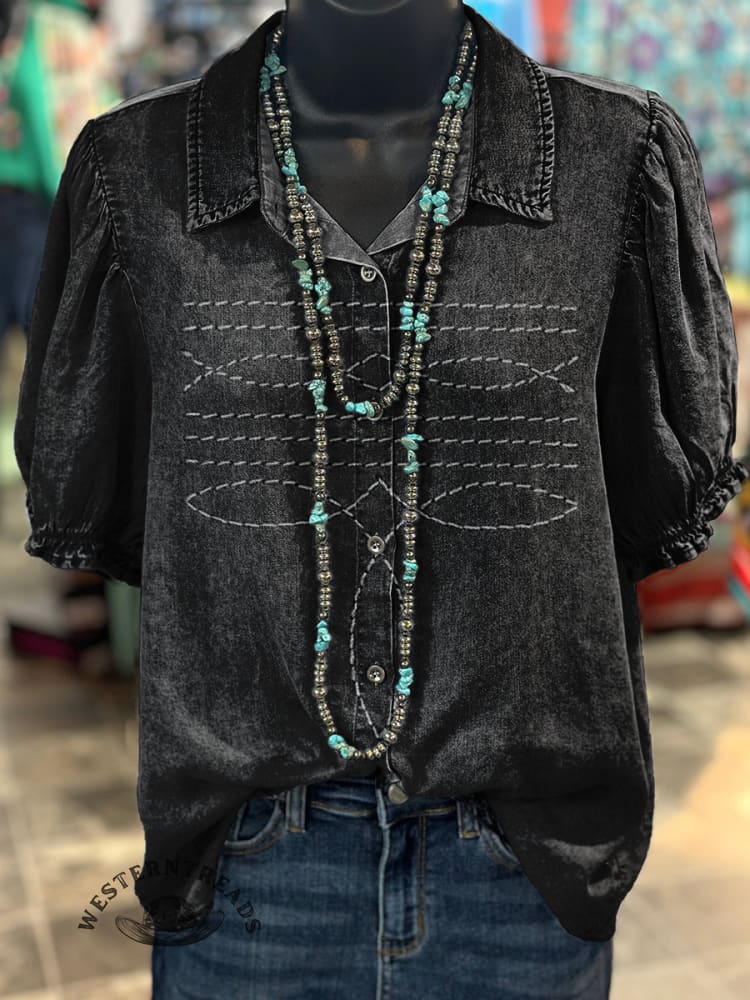 Women's Western Boots Pattern Print Casual Cotton Shirt