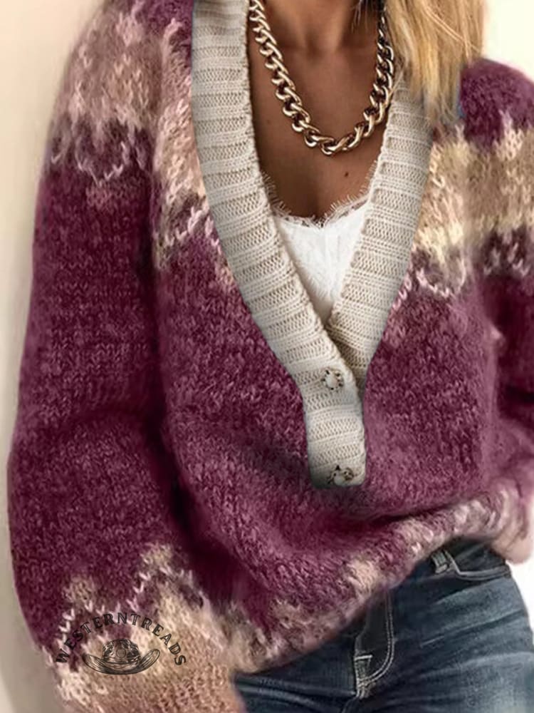 Women's Retro Ethnic Print Casual V-neck Pullover Knit Sweater