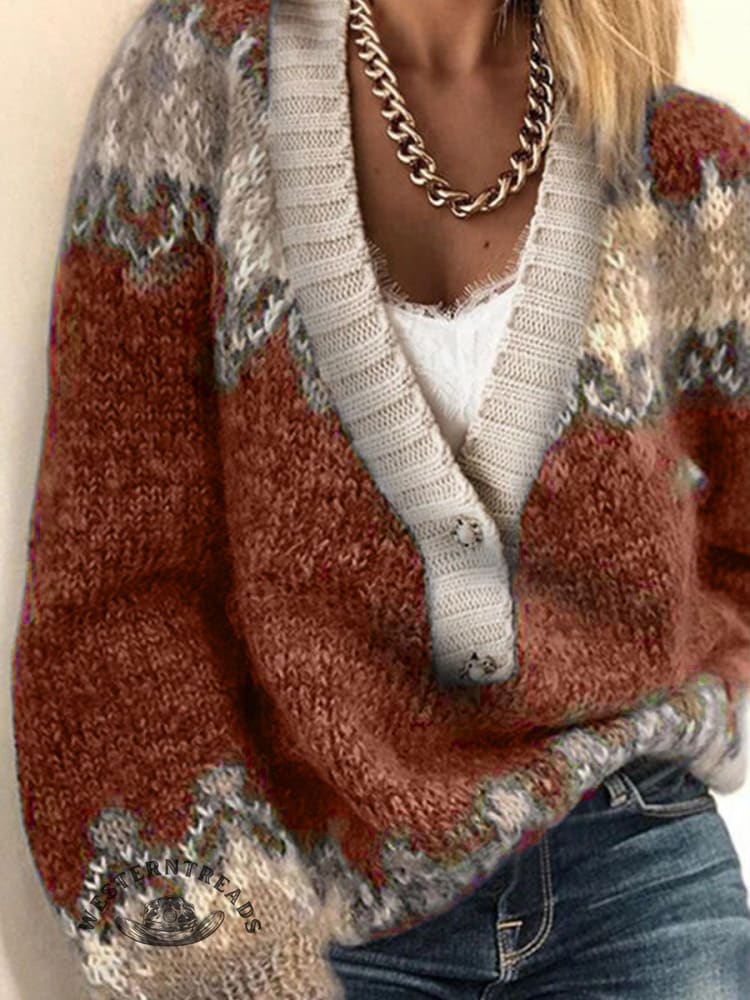 Women's Retro Ethnic Print Casual V-neck Pullover Knit Sweater