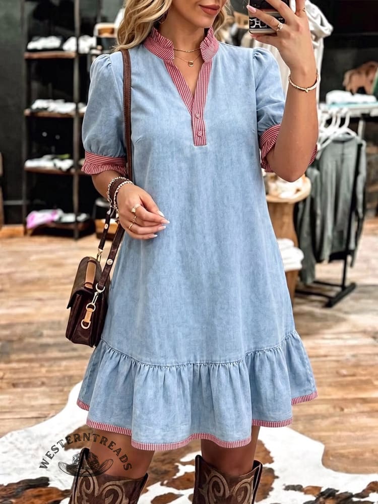 Vintage Art Denim Patchwork Stripes Casual Dress
