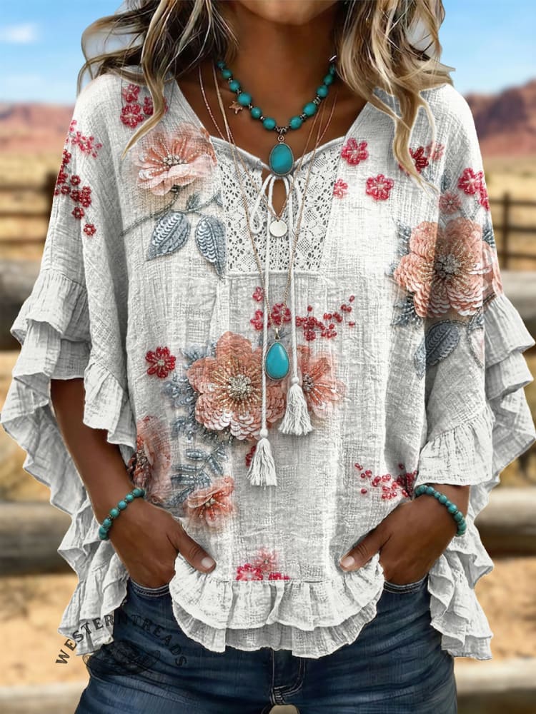 Vintage ArtPatchwork Hollow Design Cotton And Linen Shirt