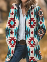 Color Aztec Print Unisex Plush Thick Long-sleeved Cardigan Coat