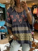 Vintage Ethnic Art Print Patchwork Cotton And Linen Shirt