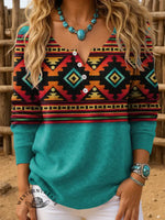 Women's Retro Aztec Art Print Henley Neck Sweater Top