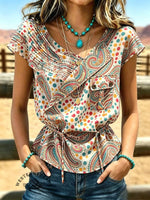 Women's Vintage V-neck Pleated Waist Patchwork Chiffon Casual Shirt