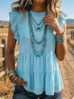 Retro Art Design Chiffon Ruffle Sleeveless Top
