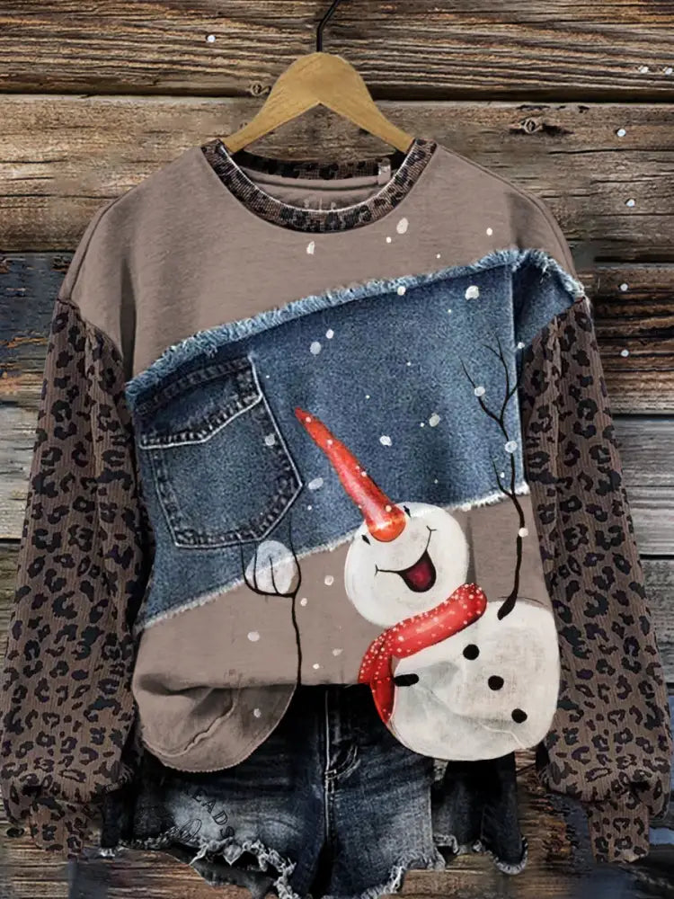 Retro Snowman Leopard Print Denim Patchwork Casual Cotton Sweatshirt