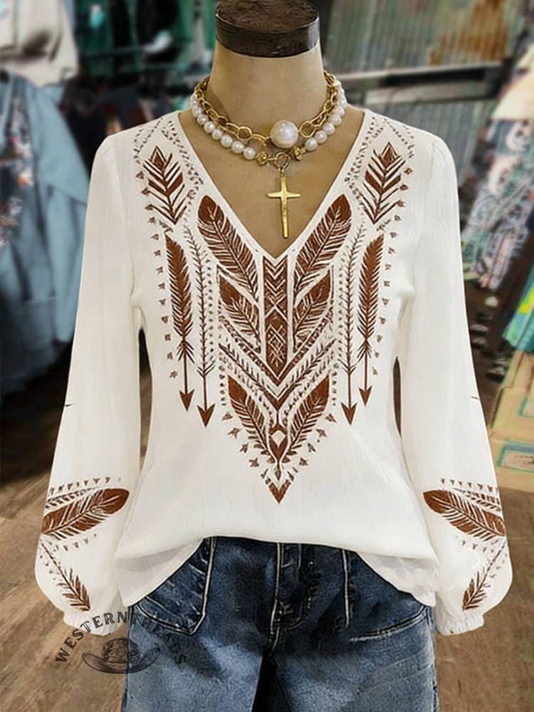 Women's Aztec Print Casual Cotton And Linen Shirt
