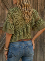 Vintage Leopard Print Casual Patchwork Ruffle Shirt