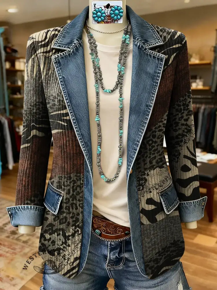 Leopard Art Print Patchwork Denim Sweater Cardigan Coat