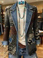 Leopard Art Print Patchwork Denim Sweater Cardigan Coat