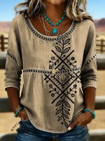 Retro Aztec Floral Art Print Casual Hollow Denim Shirt