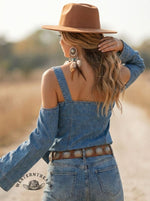 Women's Bow-neck Denim Patchwork Top