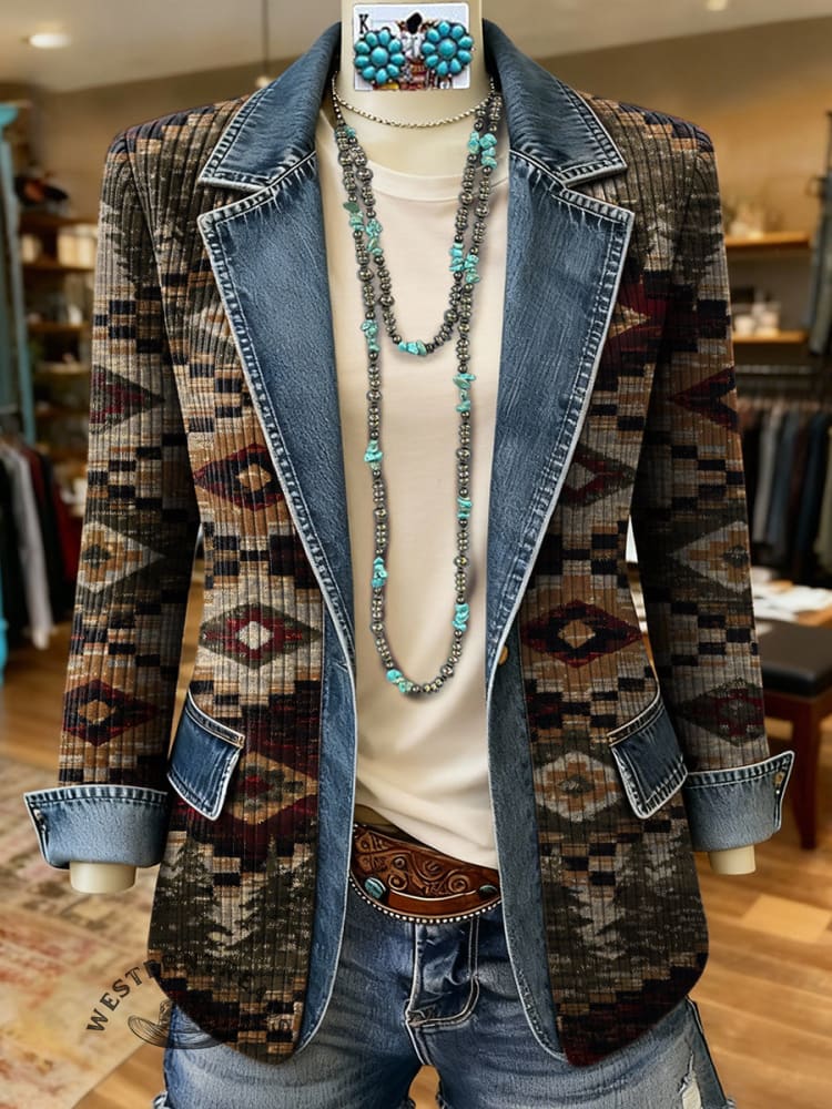 Retro Aztec Print Patchwork Denim Sweater Cardigan Coat
