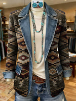 Retro Aztec Print Patchwork Denim Sweater Cardigan Coat