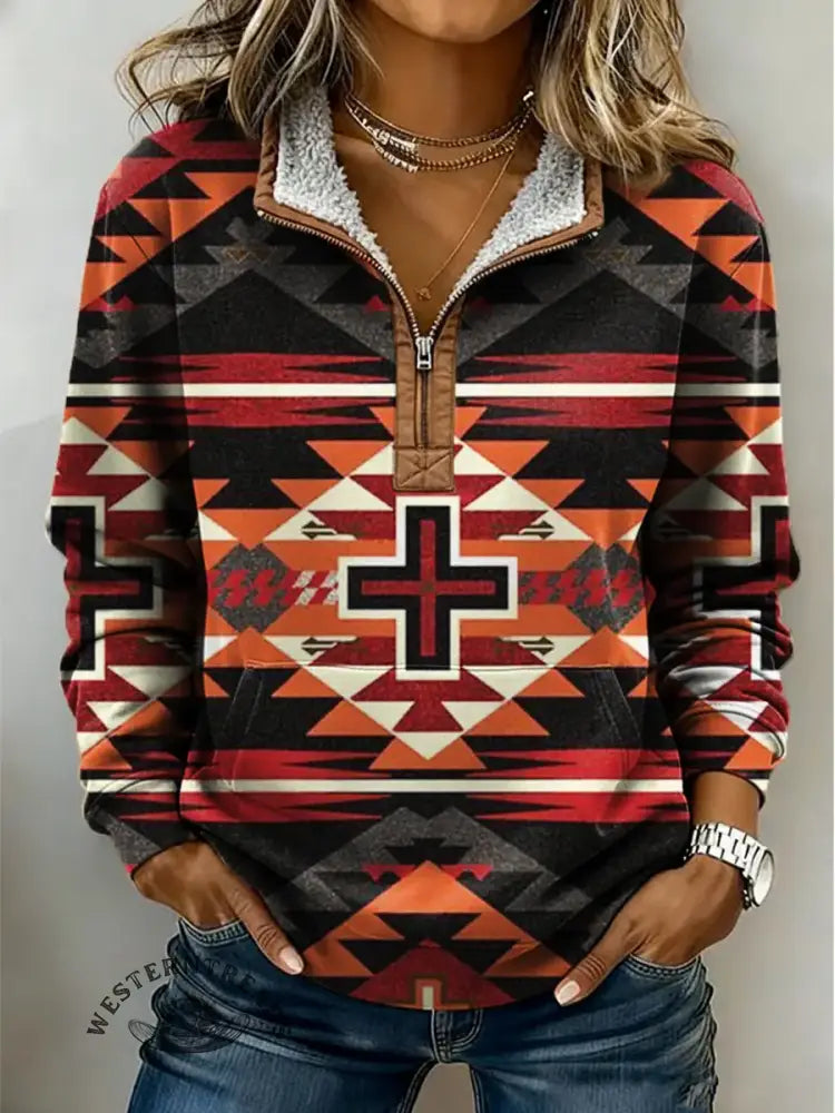 Vintage Aztec Art Print Casual Half Zip Cotton Sweatshirt