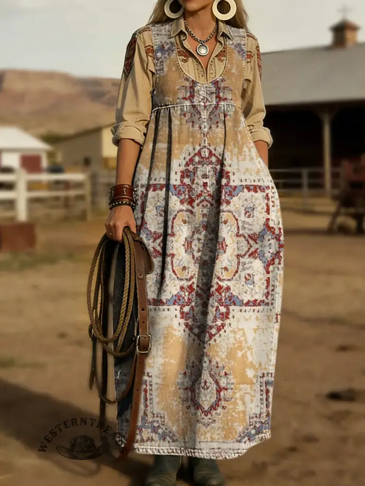 Women's Vintage Ethnic Flowers Print Casual Denim Dress