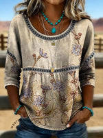 Women's Vintage Print Casual 3/4 Sleeves Hollow Denim Shirt
