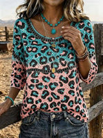 Women's Leopard Vintage Print Casual 3/4 Sleeves Hollow Denim Shirt