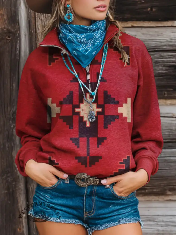 Vintage Print Casual Long Sleeve Zip Sweatshirt