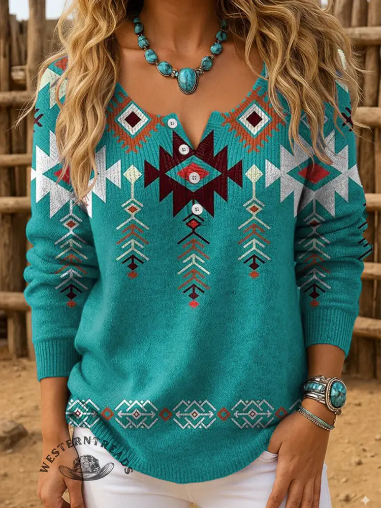 Aztec Art Print Buttoned Cardigan Sweater