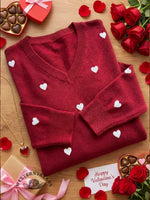 Women's Valentine's Day Heart Jacquard V-neck Long-sleeved Knit Sweater