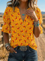 Women's Retro Floral Art Puff Sleeve Casual Shirt