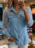 Vintage Denim Sheer Mesh Long Sleeve Button Shirt