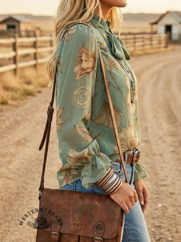 Women's Vintage Floral Print Casual Lace-up Ruffle Shirt