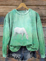 White Horse Print Casual Cotton Sweatshirt