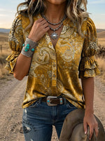 Vintage Paisley Art Print V-neck Puff Sleeve Ruffle Shirt