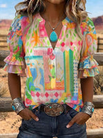 Vintage Art Print Comfortable Summer Fabrics Puff Sleeve Casual Shirt