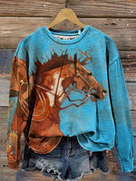 Retro Horse Art Print Casual Cotton Sweatshirt