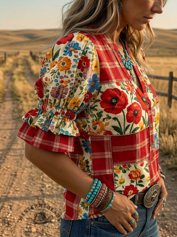 Vintage Floral Art Print V-neck Puff Sleeve Ruffle Shirt
