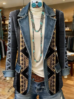 Aztec Art Print Patchwork Denim Sweater Cardigan Coat