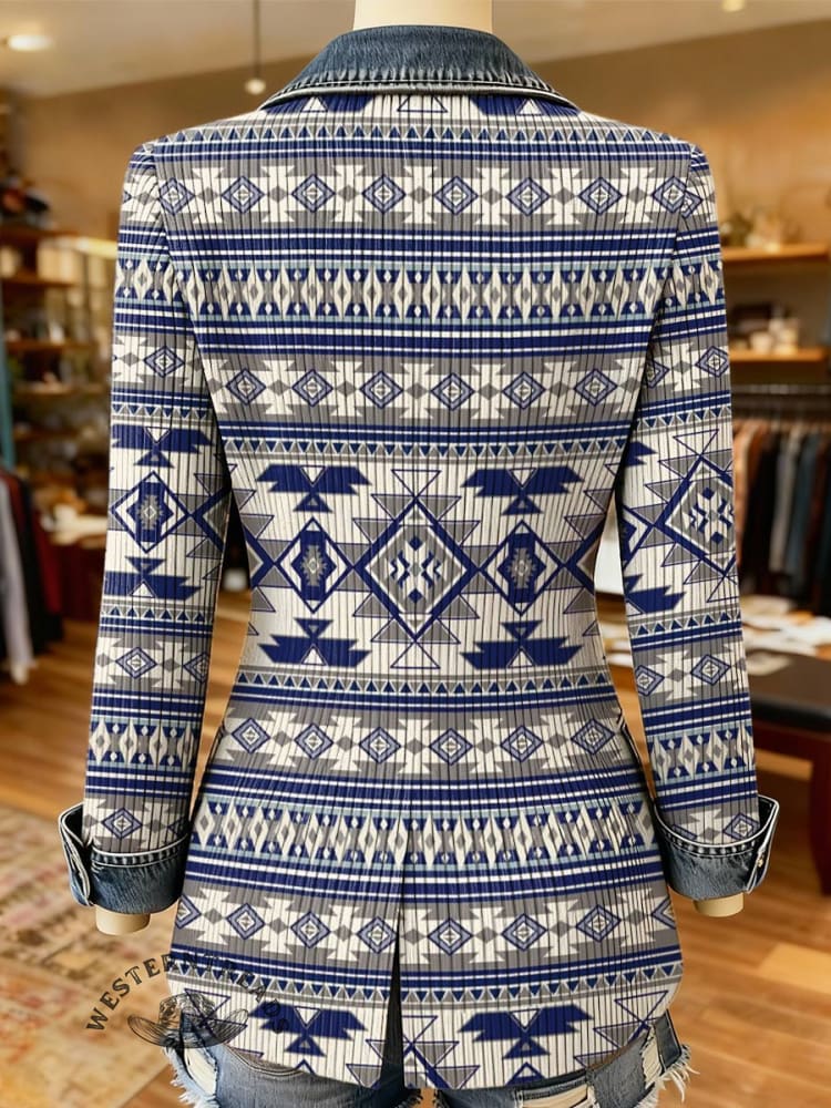 Aztec Print Patchwork Denim Sweater