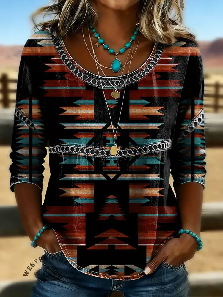 Women's Retro Aztec Print Casual Hollow Denim Shirt