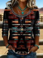 Women's Retro Aztec Print Casual Hollow Denim Shirt